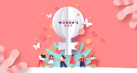 Wall Mural - Women's day paper cut card of girl team together