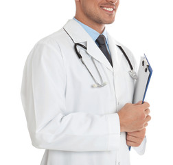 Wall Mural - Doctor with clipboard on white background, closeup