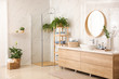 © New Africa - Stylish bathroom interior with countertop, shower stall and houseplants. Design idea