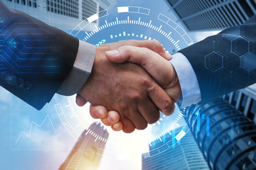 Wall Mural - business man handshake with global network link connection, graph chart of stock market graphic diagram and city background, digital technology, internet communication, teamwork, partnership concept