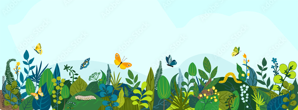 Beautiful floral background, panorama. Leaves, colorful flowers, caterpillars, butterflies. Bright spring and summer banner for cover social network, invitation, wedding, holiday. Vector illustration. - obrazy, fototapety, plakaty 