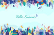 Colorful floral composition on blue background, text Hello, Summer. Horizontal stripe seamless pattern in bright summer colors. Leaves, colorful flowers, caterpillar, butterflies. Vector illustration.