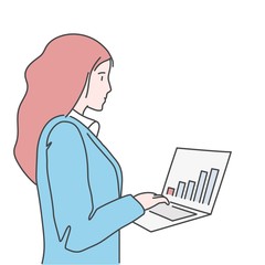 Wall Mural - Woman analyzing statistics on laptop screen. Hand drawn vector illustration.