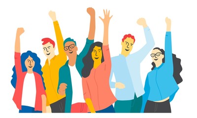 Happy friends or students with raised arms up. Vector illustration in flat cartoon style.