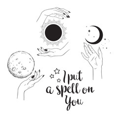 Hand drawn set of female witches hands with celestial bodies. Flash tattoo, sticker, patch or print design vector illustration.