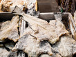 bulk of salted and dried cod fish in a market hall