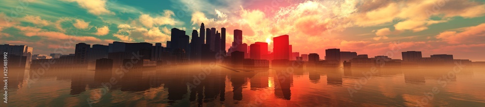 City over water panoramic view, sunset over the city, sea sunset in a modern city, 3D rendering - obrazy, fototapety, plakaty 