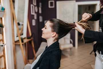 Wall Mural - Beautiful young woman preparing for haircut at a beauty salon.