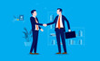 Agreement - two businessmen doing business and shaking hands in office. Agreement on business deal, corporate handshake, ending a meeting, new client concept. Vector illustration.