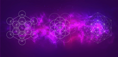 Wall Mural - Vector cosmic illustration. Colorful space background with sacred geometry symbols