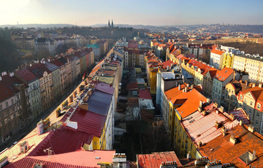 Houses with multicolored roofs, roads. Wide cityview of Prague, Czech republic