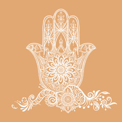 Wall Mural - Ornate hand drawn hamsa. Popular Arabic and Jewish amulet. Vector illustration. Outline,v isolated on white background.