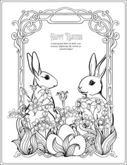 Wall Mural - Happy easter. Template postcard, poster with a hare, eggs and spring flowers. In art nouveau style, vintage, old, retro style. Outline hand drawing vector illustration. Coloring page.