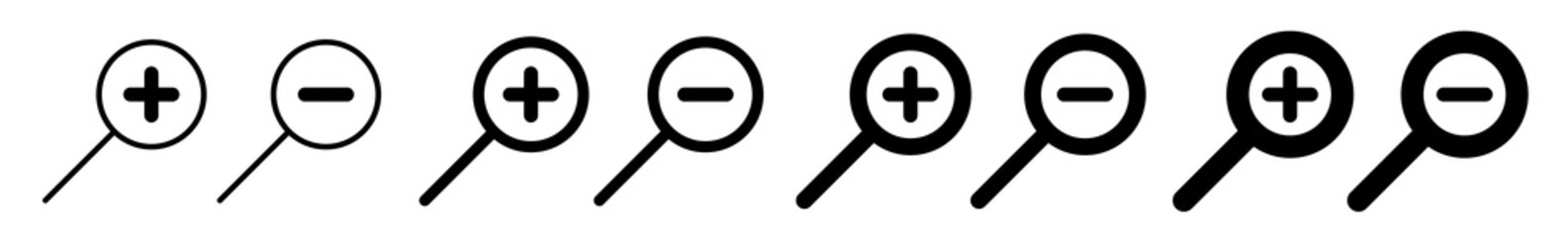 Wall Mural - magnifying glass plus minus icon black | magnifier illustration | zoom in out symbol | loupe logo | 