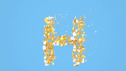 Leinwandbilder - Broken white font isolated on blue background with golden fragments. Shattered bold capital letters.