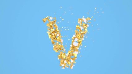Leinwandbilder - Broken white font isolated on blue background with golden fragments. Shattered bold capital letters.