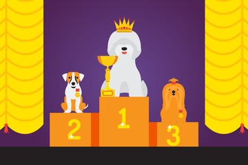 Wall Mural - Dog show award, cute pet winner, animal grooming competition podium, vector illustration. Different breeds of dogs, pet cartoon character, award winning animal on exhibition show. Win first place