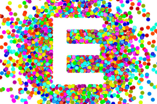 Confetti font, letter E from colored confetti. 3D rendering