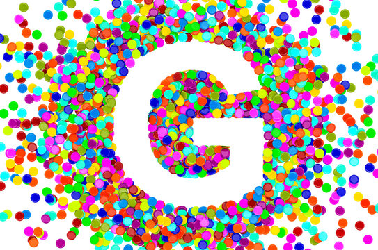 Confetti font, letter G from colored confetti. 3D rendering