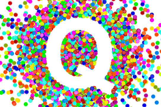 Confetti font, letter Q from colored confetti. 3D rendering