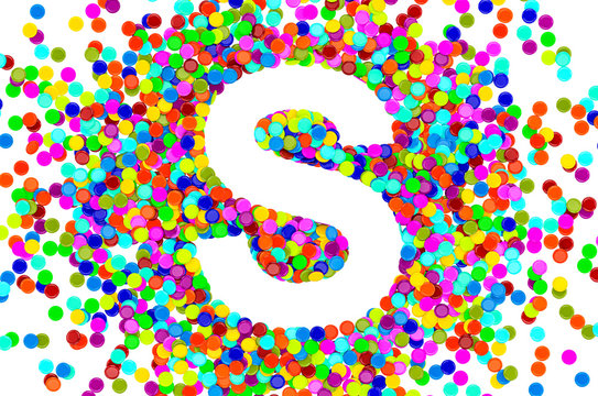 Confetti font, letter S from colored confetti. 3D rendering