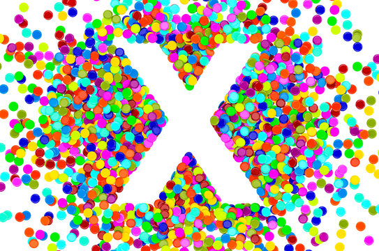Confetti font, letter X from colored confetti. 3D rendering