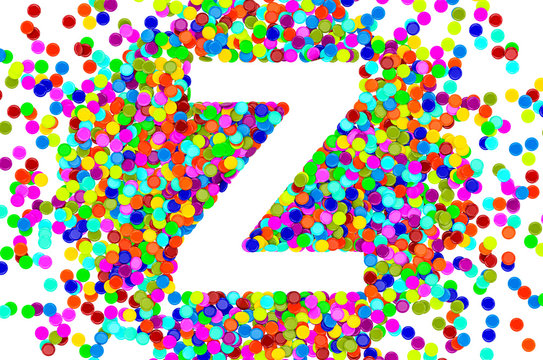 Confetti font, letter Z from colored confetti. 3D rendering