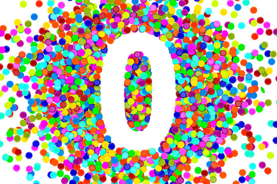 Number 0 from colored confetti. 3D rendering