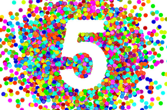 Number 5 from colored confetti. 3D rendering
