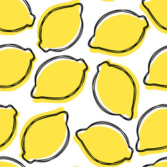 Wall Mural - Vector seamless summer pattern with lemons. Tasty fruits drawn in line art and colored in misprint style