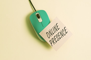 Poster - Conceptual hand writing showing Online Presence. Concept meaning existence of an individual can be found via an online search Empty note paper stick to computer mouse above a pastel backdrop