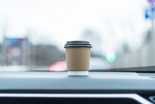 Cup Of Coffee On Car Console. Travel With Coffee.  Concept Of Coffee With You. Mockup
