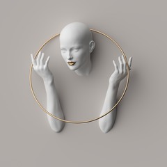 Wall Mural - 3d render, female mannequin body parts isolated on white background. Bold head, beautiful face, hands, golden ring. Blank product display for jewelry shop showcase. Modern minimal fashion concept