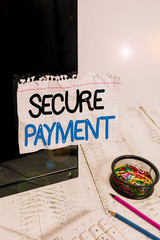 Leinwandbilder - Word writing text Secure Payment. Business photo showcasing webpage where credit card numbers are entered is secured Note paper taped to black computer screen near keyboard and stationary