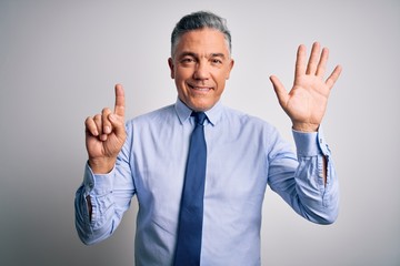 Poster - Middle age handsome grey-haired business man wearing elegant shirt and tie showing and pointing up with fingers number six while smiling confident and happy.