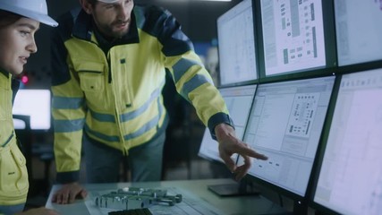 Poster - Industry 4.0 Modern Factory: Project Engineer Talks to Female Operator who Controls Facility Production Line, Uses Computer with Screens Showing AI, Machine Learning Enhanced Assembly Process