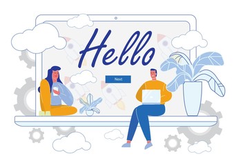 Hello Page with People Cartoon Characters Working Together on Laptop Screen Background. Call Center, Technical Support or Customer Assistance. Business Promotional Welcoming. Flat Vector Illustration.
