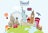 Fototapeta Londyn - Travel to world background set in europe,america.Editable vector illustration for website, invitation,postcard and sticker.include wording enjoy your journey, adventure time
