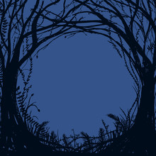 Hand Drawn Enchanted Forest. Vector Halloween Frame On Blue Background