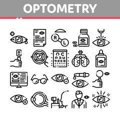 Sticker - Optometry Medical Aid Collection Icons Set Vector. Optometry Doctor Equipment And Pills Bottle, Eye Drops And Glasses, Research And Health Concept Linear Pictograms. Monochrome Contour Illustrations