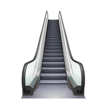 Escalator Business Center Electric Device Vector. Speed Stairway Escalator Shopping Mall Tool For Transportation Human On Next Floor. Moving Ramp Stairs Concept Mockup Realistic 3d Illustration
