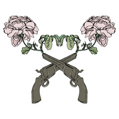 Isolated vector illustration. Symmetrical decor with two vintage revolvers shooting rose branches.Hand drawn colorful rough sketch.