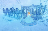 Beautiful princess in blue long dress on the luminous blue carriage background. Art processing.