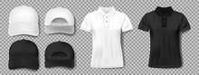 Set Of Sports Wear Template. Black And White Baseball Cap And Polo Shirt Mockup, Front And Back View. Realistic T-shirt Vector Illustration