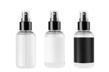 Spray Bottles Collection - Transparent And Black, White Blank Labels Isolated On White Background, Mock Up For Branding, Advertising, Design.