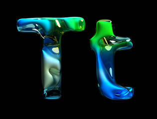 Fototapete - 3d render of abstract art of surreal 3d letters t, uppercase and lowercase in organic curve wavy shape in matte metal material with glass parts in green and blue gradient color on black background