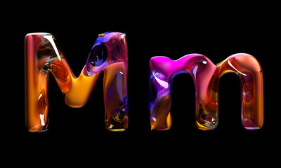 Fototapete - 3d render of abstract art of surreal 3d letters uppercase and lowercase letter m in organic curve wavy shape in matte metal material with glass parts in blue orange pink gradient color on black back