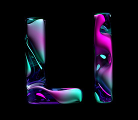Fototapete - 3d render of abstract art of surreal 3d letters uppercase and lowercase letter l in organic curve wavy shape in matte metal material with glass parts in purple green pink gradient color on black back