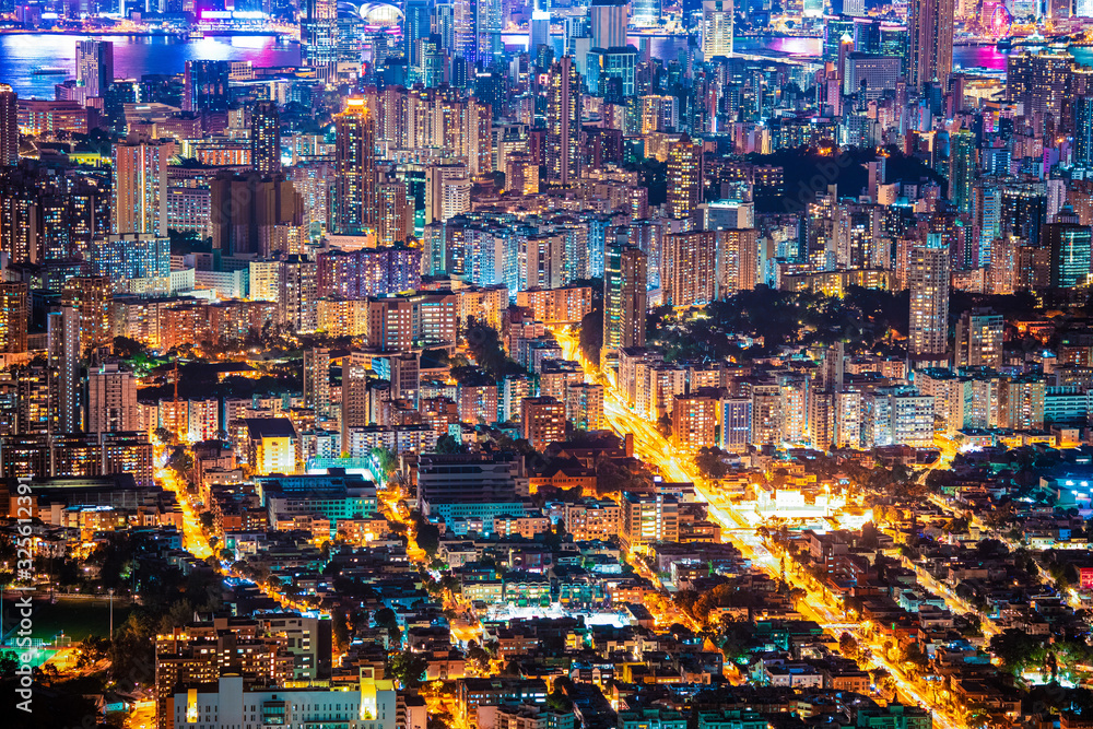 Amazing Hong Kong Night View, Kowloon district, shooting from lion rock peak. Asia - obrazy, fototapety, plakaty 
