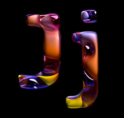 Fototapete - 3d render of abstract art of surreal 3d letters uppercase and lowercase letter j in organic curve wavy shape in matte metal material with glass parts in purple blue pink gradient color on black back